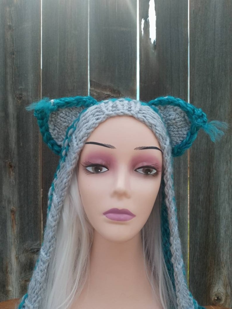 Cheshire Cat Hoodie Hooded Scarf Hood Scoodie Spirit Animal Hand Knit Gray, Teal and Aqua Knit Custom Wool and Acrylic Blend image 9