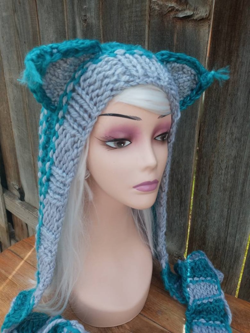 Cheshire Cat Hoodie Hooded Scarf Hood Scoodie Spirit Animal Hand Knit Gray, Teal and Aqua Knit Custom Wool and Acrylic Blend image 2