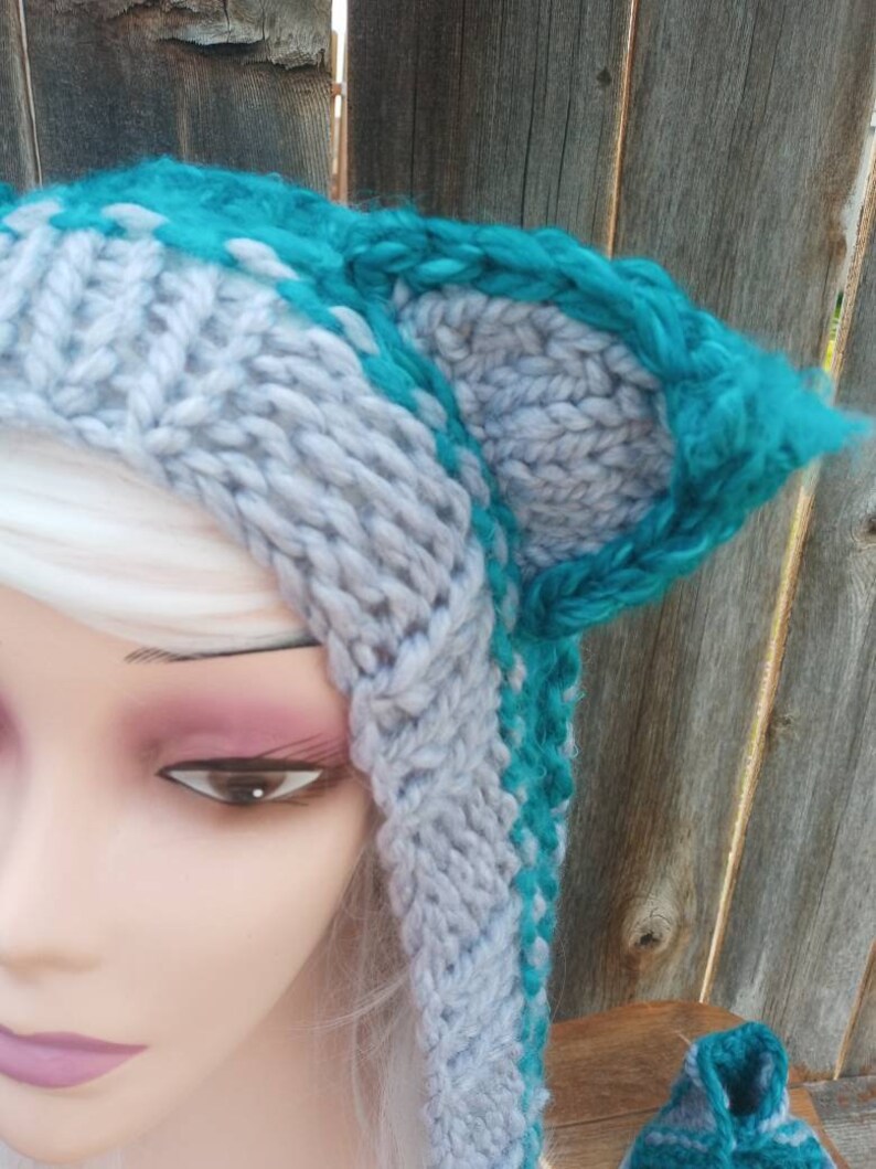 Cheshire Cat Hoodie Hooded Scarf Hood Scoodie Spirit Animal Hand Knit Gray, Teal and Aqua Knit Custom Wool and Acrylic Blend image 6