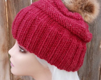 Red Hat with Large Brown Faux Fur PomPom - Pom - Pom Pom - Beanie - Cap - Winter - Acrylic and Wool - Pom Hat