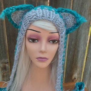 Cheshire Cat Hoodie Hooded Scarf Hood Scoodie Spirit Animal Hand Knit Gray, Teal and Aqua Knit Custom Wool and Acrylic Blend image 7