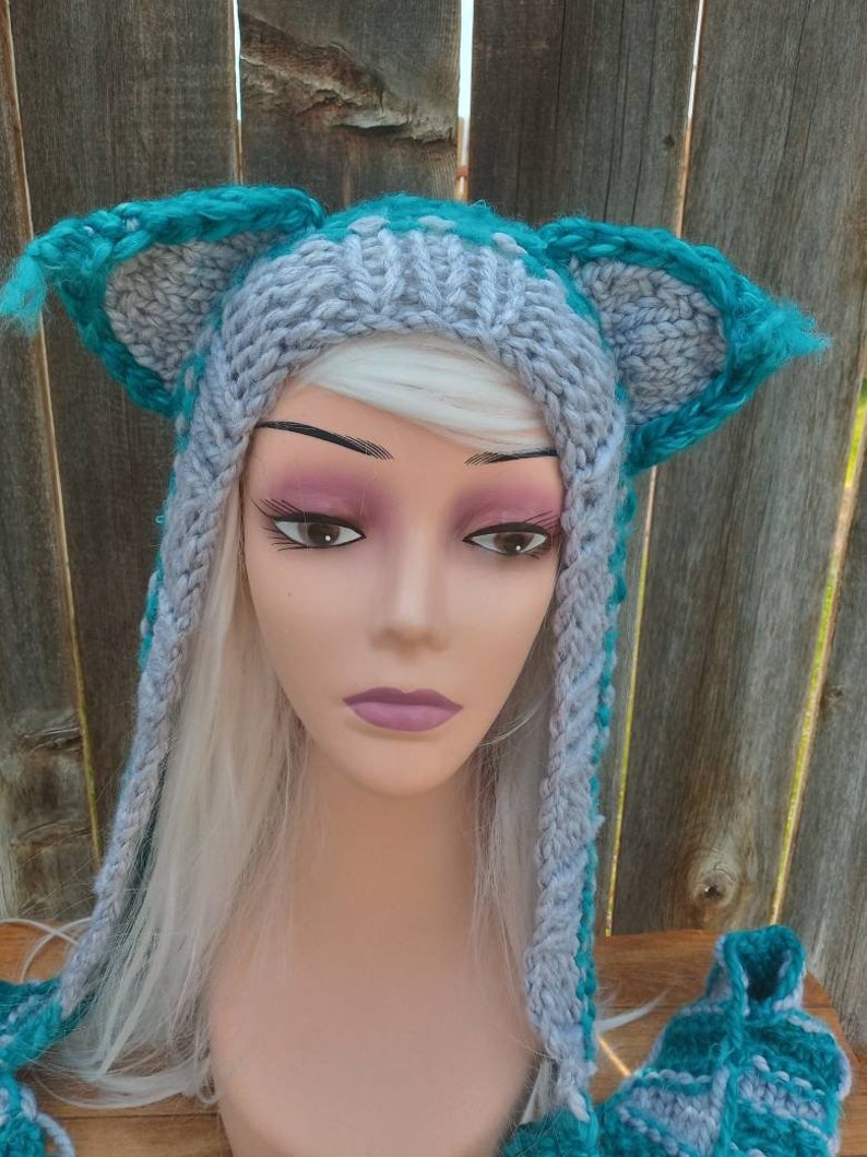 Cheshire Cat Hoodie Hooded Scarf Hood Scoodie Spirit Animal Hand Knit Gray, Teal and Aqua Knit Custom Wool and Acrylic Blend image 7