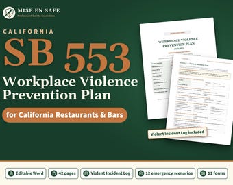 Szablon planu zapobiegania przemocy w miejscu pracy w restauracji w Kalifornii | SB 553 WVPP | Edytowalny plik Word + dziennik incydentów przemocy