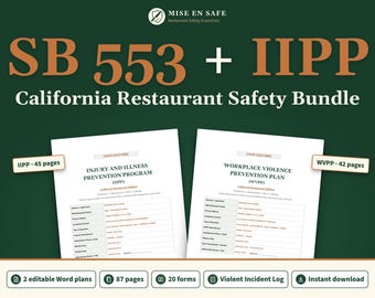 Pakiet bezpieczeństwa w restauracjach w Kalifornii | Plan zapobiegania przemocy w miejscu pracy Cal/OSHA IIPP + SB 553 | Edytowalne szablony Word