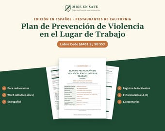 Plan de Prevención de Violencia en el Lugar de Trabajo en Español | SB 553 WVPP para Restaurantes de California | Word Editable