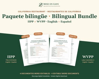 Dwujęzyczne szablony IIPP + WVPP w języku angielskim i hiszpańskim | Pakiet bezpieczeństwa restauracji w Kalifornii | Szablony w języku hiszpańskim | Word DOCX