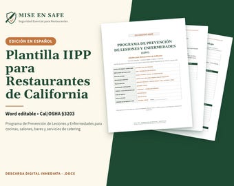 Plantilla IIPP en Español para Restaurantes de California | Programa de Prevención de Lesiones y Enfermedades | Word Editable