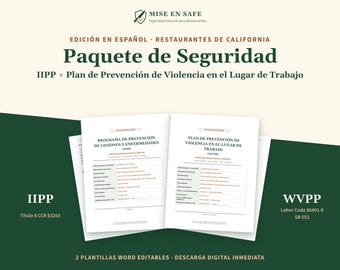 Paquete de Seguridad en Español dla restauracji kalifornijskich | IIPP Cal/OSHA + Plan de Violencia SB 553 | Słowo Plantillas