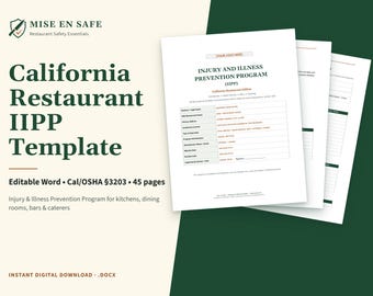 Szablon IIPP dla restauracji w Kalifornii | Program zapobiegania urazom i chorobom Cal/OSHA | Edytowalny plan bezpieczeństwa w formacie Word + formularze