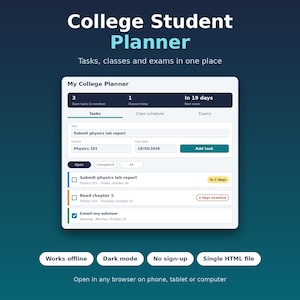 Aufgaben, Stundenplan und Prüfungs-Countdown: Studienplaner-Web-App, browserbasiert, Englisch
