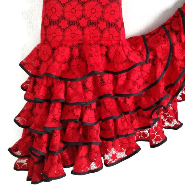 Flamenco Skirt Falda de flamenco stretch Red lace  size Small