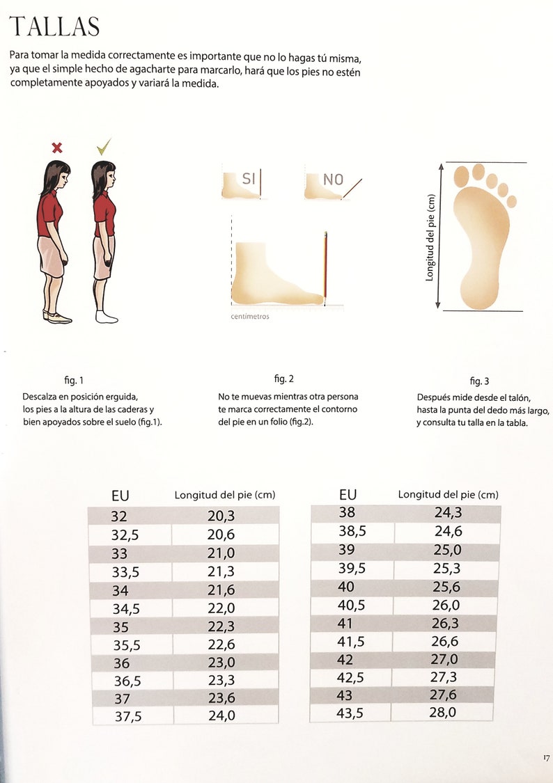 Puede incluir: Diagrama que ilustra c&oacute;mo medir la longitud del pie para tallas de zapatos. Incluye ilustraciones de postura correcta e incorrecta, un contorno de pie y una tabla de tallas con tallas de la UE y longitud del pie en cent&iacute;metros.