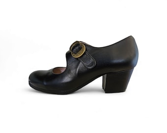 Flamenco Shoes Professionals brand new Tablas Black Leather metal buckle short heel choose your size