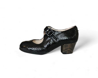 Flamenco Shoes Professionals brand new Tablas snake  black leather  short heel