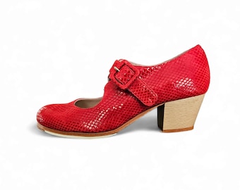 Flamenco Shoes Professionals brand new Tablas Red snake like Leather short heel choose your size