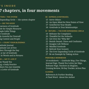 May include: A dark green informational page titled What's Inside, All 27 chapters, in four movements. It lists chapters 1 through 27 categorized into four sections: Notice, Record, Express, and Return, plus a printable workbook and closing.