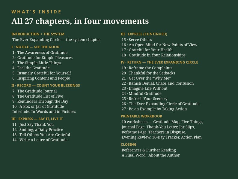 May include: A dark green informational page titled What's Inside, All 27 chapters, in four movements. It lists chapters 1 through 27 categorized into four sections: Notice, Record, Express, and Return, plus a printable workbook and closing.