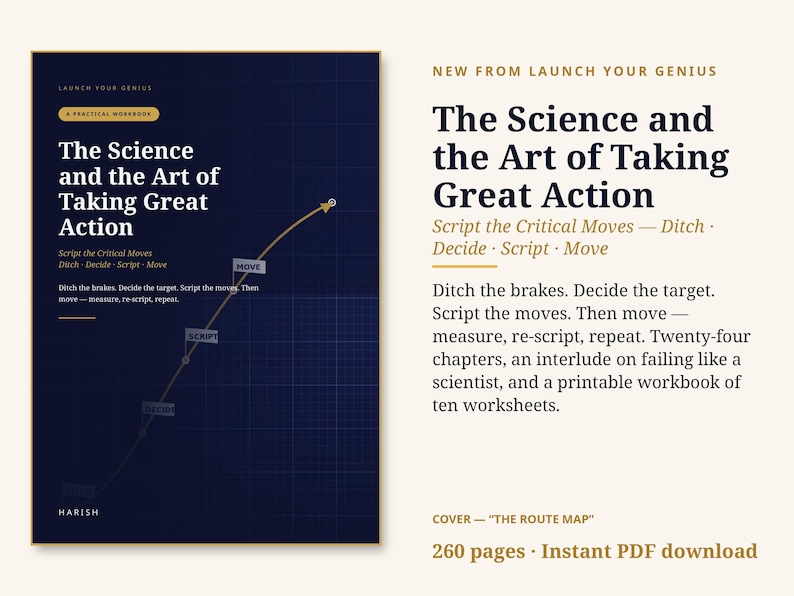 Puede incluir: Una portada de libro de ejercicios azul oscuro titulada The Science and the Art of Taking Great Action de Launch Your Genius. El dise&ntilde;o presenta un patr&oacute;n de cuadr&iacute;cula y una flecha curva ascendente con las etiquetas Ditch, Decide, Script y Move.