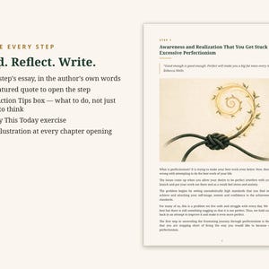 Puede incluir: Dise&ntilde;o de p&aacute;gina de libro con el texto Inside Every Step, Read. Reflect. Write. y una lista de caracter&iacute;sticas. El lado derecho muestra el cap&iacute;tulo Awareness and Realization, una cita de Rebecca Wells y un dibujo de una cuerda anudada.