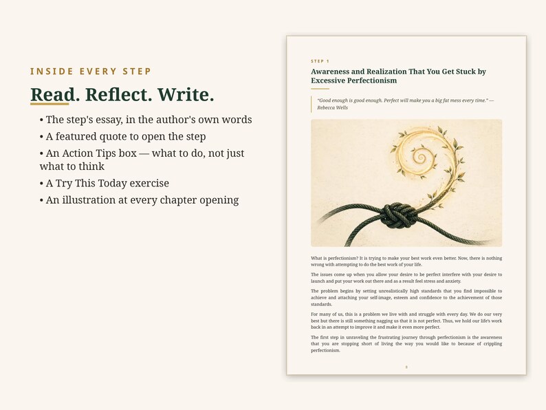 Puede incluir: Dise&ntilde;o de p&aacute;gina de libro con el texto Inside Every Step, Read. Reflect. Write. y una lista de caracter&iacute;sticas. El lado derecho muestra el cap&iacute;tulo Awareness and Realization, una cita de Rebecca Wells y un dibujo de una cuerda anudada.