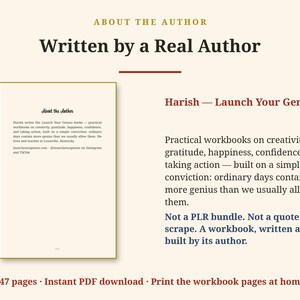 Op de afbeelding: Een digitale documentpagina getiteld About the Author, Written by a Real Author, met tekst over Harish en de Launch Your Genius werkboeken. De inhoud richt zich op creativiteit, dankbaarheid en geluk, met een totaal van 147 pagina's.