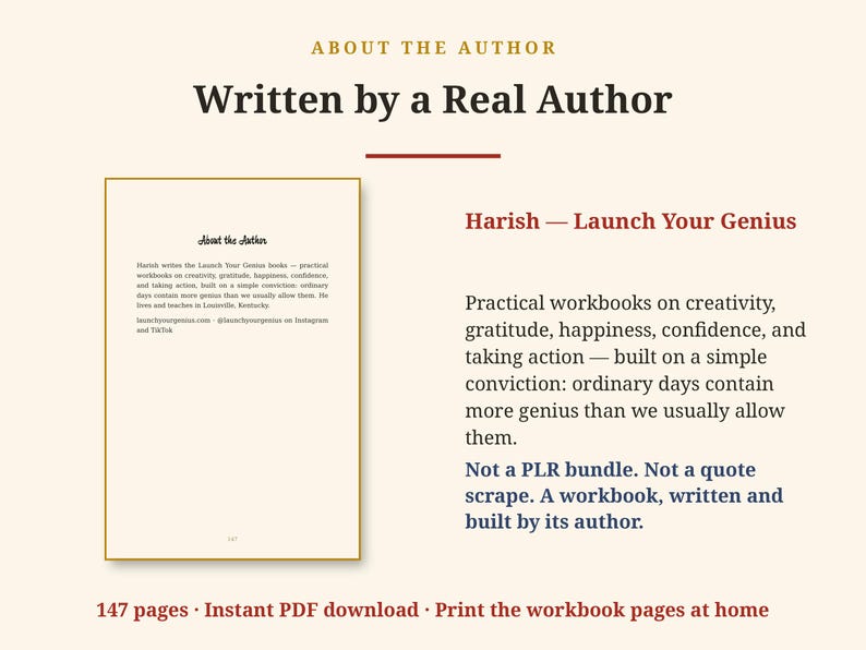Op de afbeelding: Een digitale documentpagina getiteld About the Author, Written by a Real Author, met tekst over Harish en de Launch Your Genius werkboeken. De inhoud richt zich op creativiteit, dankbaarheid en geluk, met een totaal van 147 pagina's.