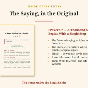 Op de afbeelding: Een pagina uit een boek getiteld Proverb 7: A Thousand Miles Begins With a Single Step. Het bevat Chinese karakters, Pinyin, een letterlijke vertaling en secties genaamd What It Means en The Life Wisdom die de oorsprong van het spreekwoord uitleggen.