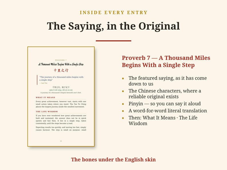 Op de afbeelding: Een pagina uit een boek getiteld Proverb 7: A Thousand Miles Begins With a Single Step. Het bevat Chinese karakters, Pinyin, een letterlijke vertaling en secties genaamd What It Means en The Life Wisdom die de oorsprong van het spreekwoord uitleggen.