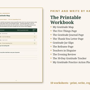 May include: A printable workbook page titled My Gratitude Map with a table for tracking movements, alongside a list of ten included worksheets such as The Five Things Page, The Gratitude Journal Page, and The 30-Day Gratitude Tracker.