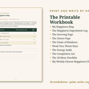 May include: A printable workbook featuring a page titled My Happiness Map with a table for tracking movements, alongside a list of ten worksheets including The Happiness Experiment Log, The Savoring Page, and The Energy Audit, with the text 10 worksheets print, write, repeat.