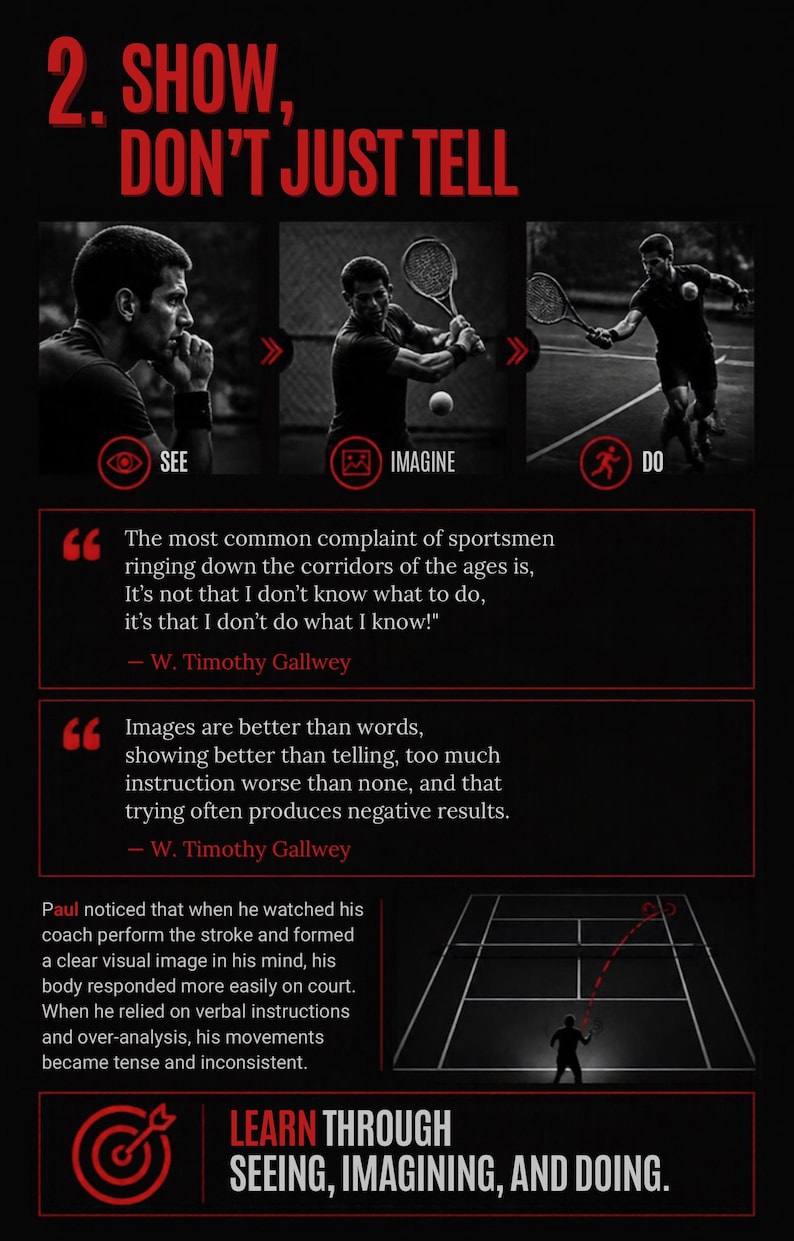 May include: A black and white infographic titled 2. SHOW, DON'T JUST TELL. It features three tennis images labeled SEE, IMAGINE, and DO, with quotes by W. Timothy Gallwey, text about coaching, and a final section: LEARN THROUGH SEEING, IMAGINING, AND DOING.