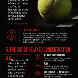 May include: An infographic titled 4. TRYING TOO HARD and 5. THE ART OF RELAXED CONCENTRATION featuring a yellow tennis ball, quotes by W. Timothy Gallwey, and text explaining concepts like flow, non-judgmental awareness, and quieting excess thought.