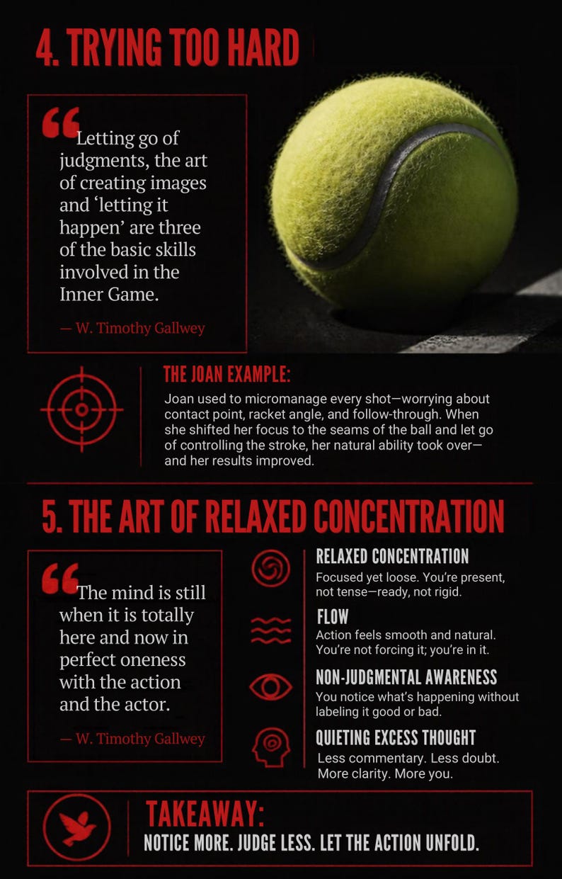 May include: An infographic titled 4. TRYING TOO HARD and 5. THE ART OF RELAXED CONCENTRATION featuring a yellow tennis ball, quotes by W. Timothy Gallwey, and text explaining concepts like flow, non-judgmental awareness, and quieting excess thought.