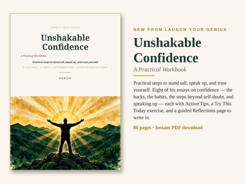 May include: A workbook titled Unshakable Confidence by Harish, featuring a cover illustration of a person standing on a mountain peak with arms outstretched toward a bright sun rising over green hills and a landscape of mountains.