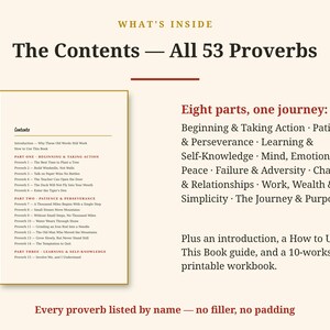 Op de afbeelding: Een inhoudsopgave van een boek met de titel What's Inside The Contents &mdash; All 53 Proverbs. Het bevat acht delen, waaronder Beginning & Taking Action, Patience & Perseverance, Learning & Self-Knowledge, Mind, Emotions & Peace, Failure & Adversity.