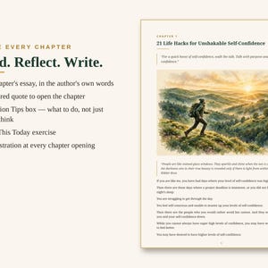 May include: A book page layout featuring the text Inside Every Chapter, Read. Reflect. Write., and a list of features. The right side displays Chapter 1: 21 Life Hacks for Unshakable Self-Confidence, a watercolor illustration of a hiker, and text.