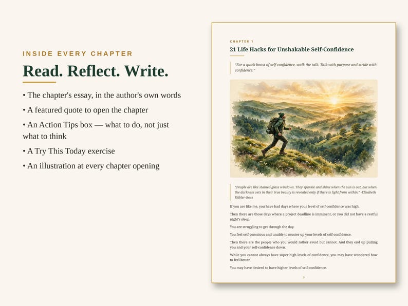 May include: A book page layout featuring the text Inside Every Chapter, Read. Reflect. Write., and a list of features. The right side displays Chapter 1: 21 Life Hacks for Unshakable Self-Confidence, a watercolor illustration of a hiker, and text.