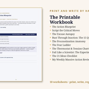 Puede incluir: Un libro de ejercicios imprimible titulado The Action Blueprint que presenta una tabla con columnas para movimiento, posici&oacute;n actual y estado completado. El texto incluye secciones para ditch, decide, script y move, junto a diez t&iacute;tulos.