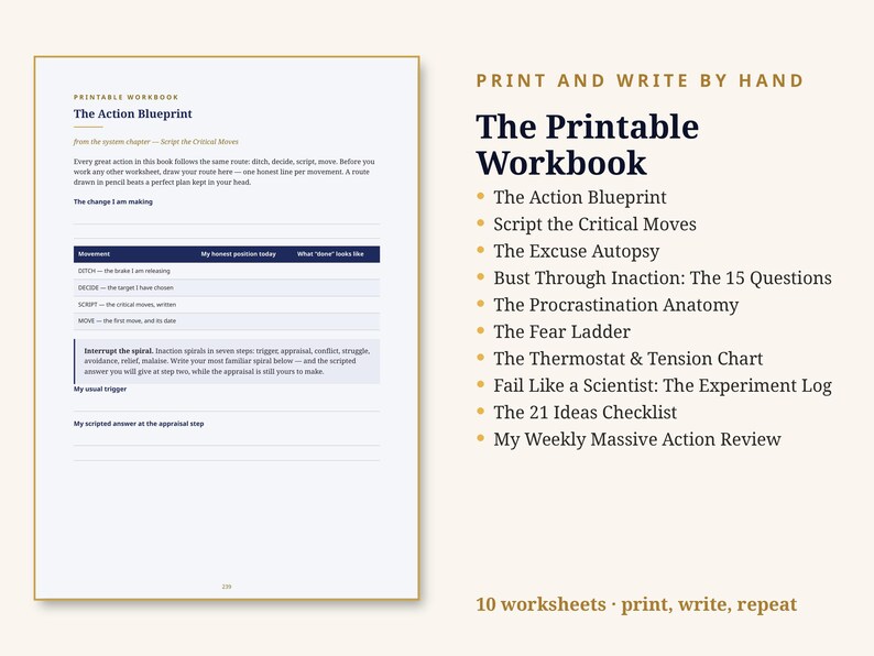 Puede incluir: Un libro de ejercicios imprimible titulado The Action Blueprint que presenta una tabla con columnas para movimiento, posici&oacute;n actual y estado completado. El texto incluye secciones para ditch, decide, script y move, junto a diez t&iacute;tulos.