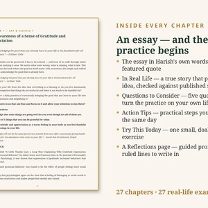 May include: A book page titled Chapter 1 Art & Science featuring The Awareness of a Sense of Gratitude and Appreciation with text by Eckhart Tolle. To the right, a list titled Inside Every Chapter details sections including An essay, In Real Life, Questions to Consider, Action Tips, Try This Today, and A Reflections page, noting 27 chapters and 27 real-life examples.