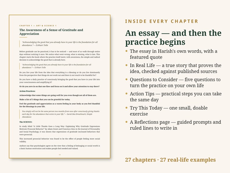 May include: A book page titled Chapter 1 Art & Science featuring The Awareness of a Sense of Gratitude and Appreciation with text by Eckhart Tolle. To the right, a list titled Inside Every Chapter details sections including An essay, In Real Life, Questions to Consider, Action Tips, Try This Today, and A Reflections page, noting 27 chapters and 27 real-life examples.