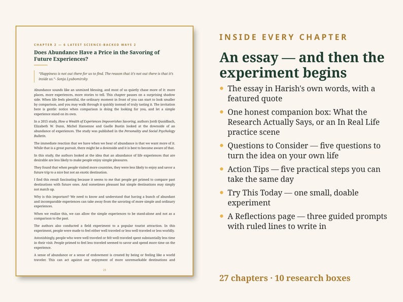 May include: A book page titled Chapter 2, Does Abundance Have a Price in the Savoring of Future Experiences? alongside a list titled Inside Every Chapter, detailing sections like An essay, Questions to Consider, and Action Tips.