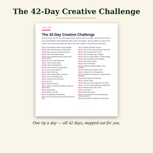 Puede incluir: Un documento blanco titulado The 42-Day Creative Challenge con una lista de 42 tareas diarias impresas en texto negro y rojo. La p&aacute;gina incluye instrucciones para el desaf&iacute;o y una lista numerada de actividades desde el d&iacute;a 01 al 42.