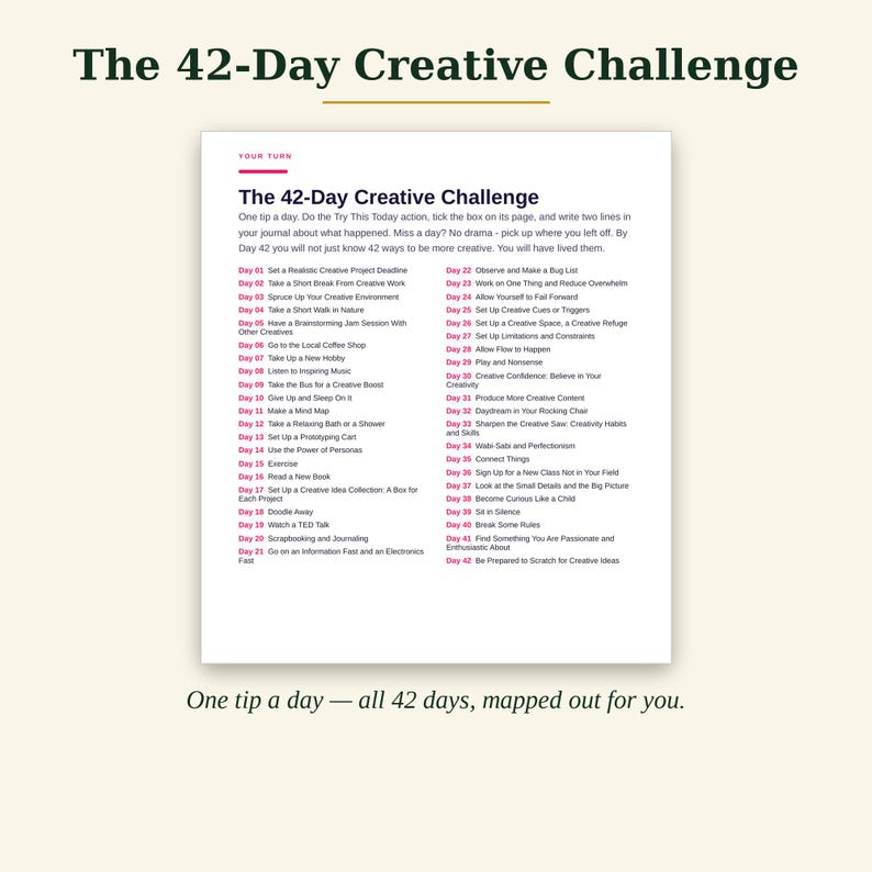 Puede incluir: Un documento blanco titulado The 42-Day Creative Challenge con una lista de 42 tareas diarias impresas en texto negro y rojo. La p&aacute;gina incluye instrucciones para el desaf&iacute;o y una lista numerada de actividades desde el d&iacute;a 01 al 42.
