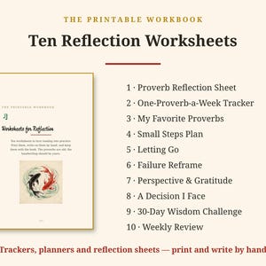 Op de afbeelding: Een printbaar werkboek getiteld Ten Reflection Worksheets met een lijst van tien oefeningen, waaronder Proverb Reflection Sheet, One-Proverb-a-Week Tracker, My Favorite Proverbs, Small Steps Plan, Letting Go, Failure Reframe, Perspective & Gratitude, A Decision I Face, 30-Day Wisdom Challenge en Weekly Review.
