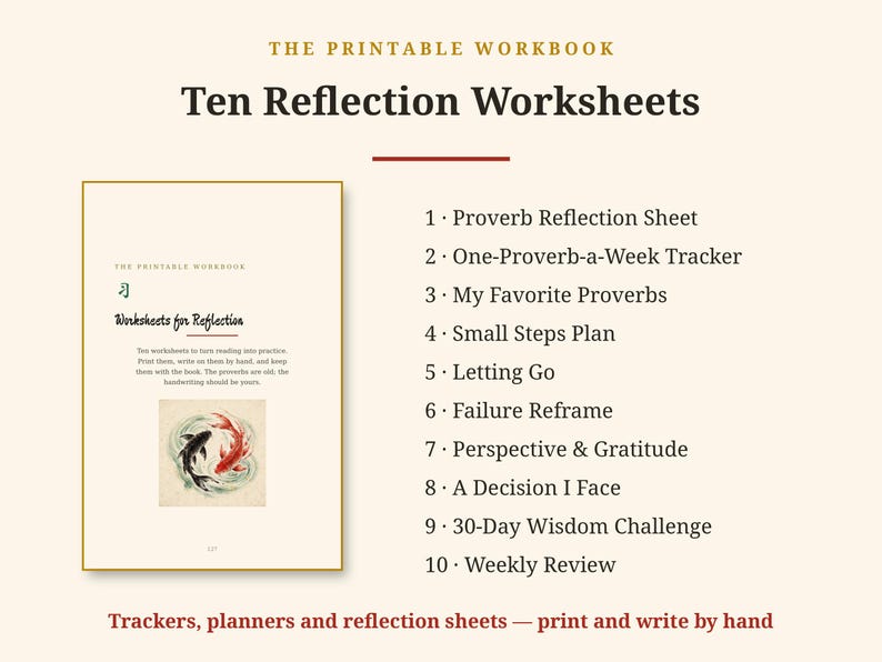 Op de afbeelding: Een printbaar werkboek getiteld Ten Reflection Worksheets met een lijst van tien oefeningen, waaronder Proverb Reflection Sheet, One-Proverb-a-Week Tracker, My Favorite Proverbs, Small Steps Plan, Letting Go, Failure Reframe, Perspective & Gratitude, A Decision I Face, 30-Day Wisdom Challenge en Weekly Review.