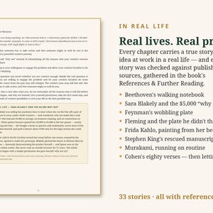 Puede incluir: Una p&aacute;gina de libro con texto sobre viajes creativos y Sara Blakely, junto a una lista titulada In Real Life: Real lives. Real proof. La lista incluye historias sobre Beethoven, Feynman, Fleming, Frida Kahlo, Stephen King, Murakami y Cohen.