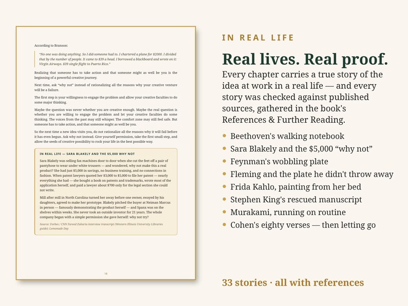Puede incluir: Una p&aacute;gina de libro con texto sobre viajes creativos y Sara Blakely, junto a una lista titulada In Real Life: Real lives. Real proof. La lista incluye historias sobre Beethoven, Feynman, Fleming, Frida Kahlo, Stephen King, Murakami y Cohen.