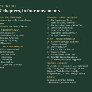 May include: A dark green informational graphic titled What's Inside, listing 27 chapters organized into four movements. The text outlines a system for happiness, including a guest map, printable workbook contents, and closing sections.
