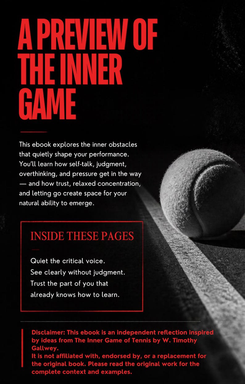 May include: A black and white graphic featuring a tennis ball on a court line. The text reads: A PREVIEW OF THE INNER GAME, This ebook explores the inner obstacles that quietly shape your performance, INSIDE THESE PAGES, and a disclaimer.